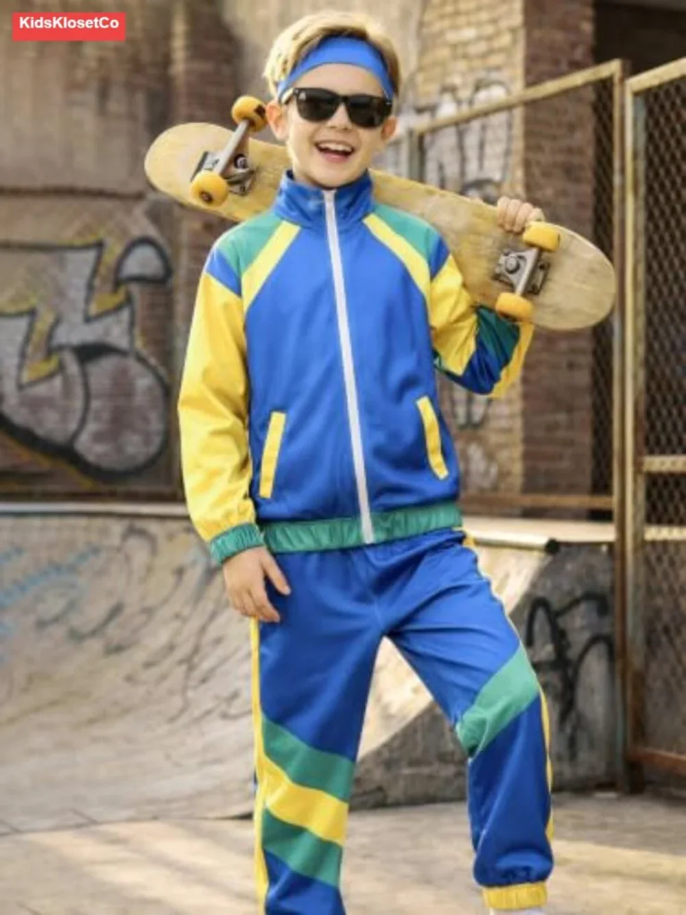 80s 90s Retro Tracksuit Costume for Boys, 3-Piece with Headband, Hip Hop Dance